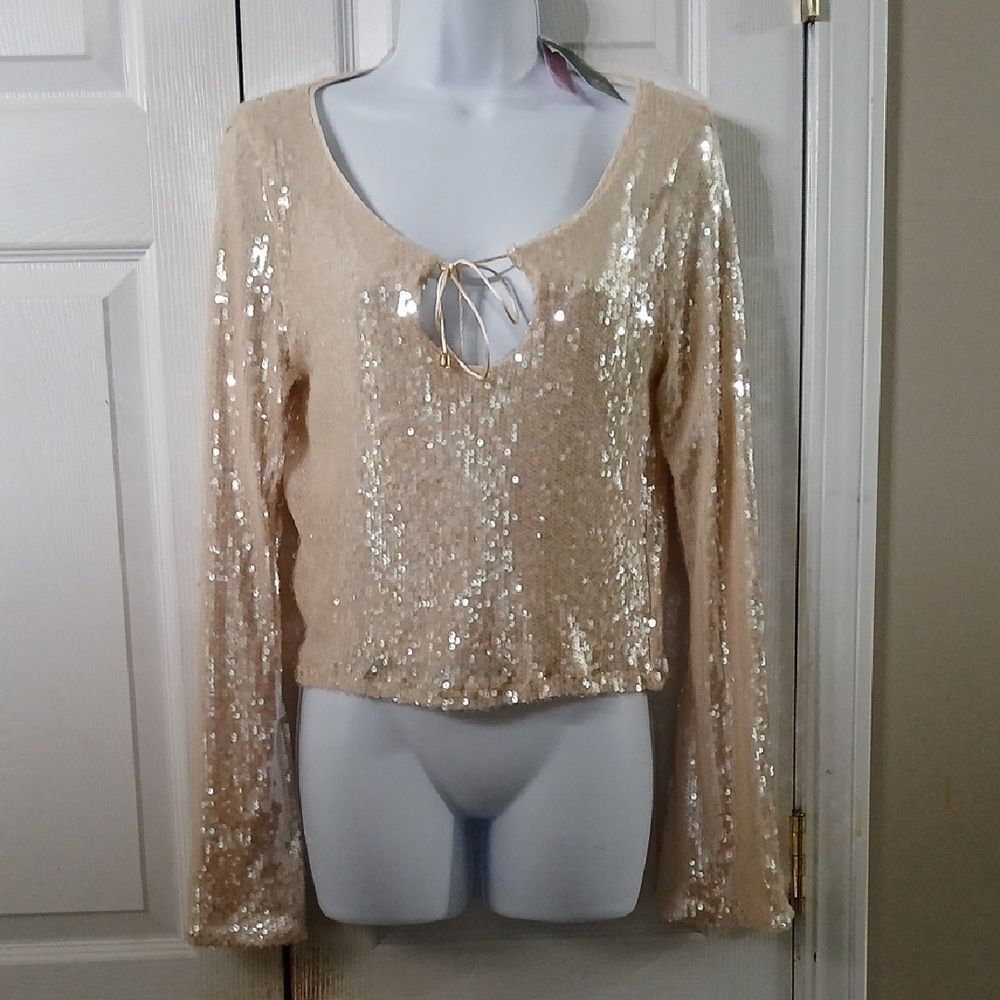 Wild Fable champagne color long sleeve sequin blouse Sz M NWT
